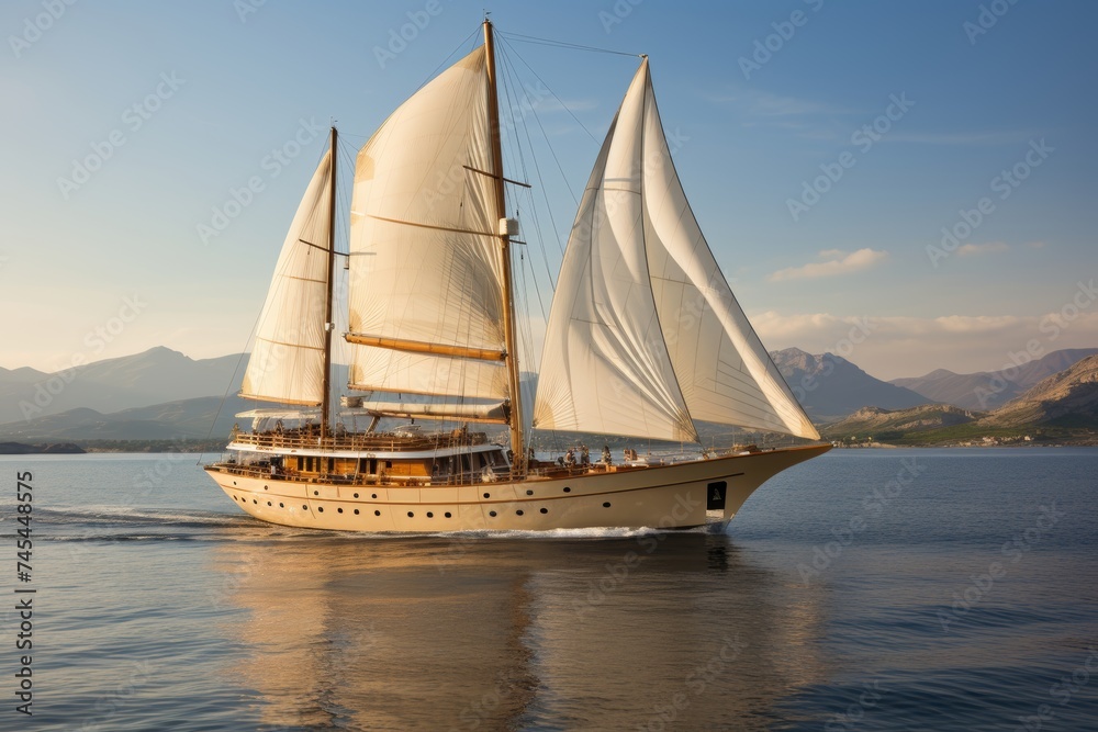 Tranquil Serenity - Wooden Sailboat with White Sails Gracefully Gliding Across the Calm Blue Sea, Surrounded by Majestic Distant Mountains Against the Vast Clear Blue Sky on a Peaceful and Serene Day.