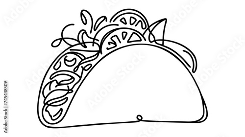 Continuous single drawn one line taco hand-drawn picture silhouette. Line art. Mexican food tacos