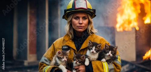 Portrait of a female firefighter holding a rescued kitten in her arms