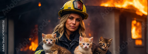 Portrait of a female firefighter holding a rescued kitten in her arms outdoors