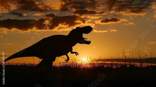 Silhouette of a tyrannosaurus rex at sunset. Generative Ai