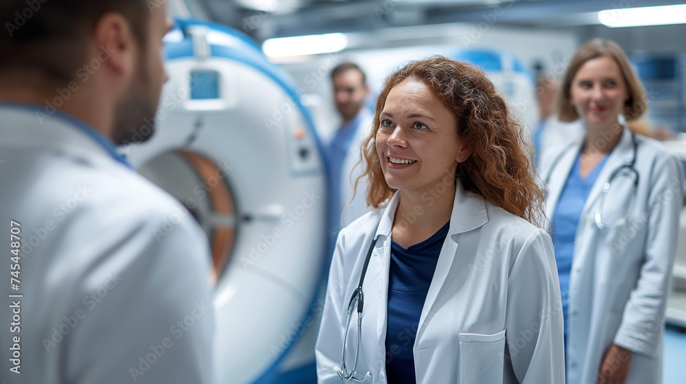 Fototapeta premium portrait of a female doctor with magnetic resonance machine in the background, MRI scan