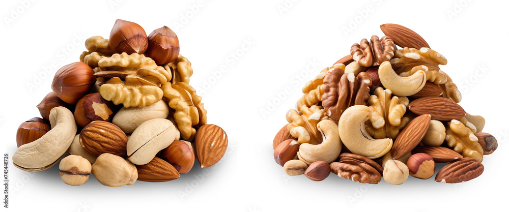 Piles of mixed nuts with shadow, isolated on a transparent background