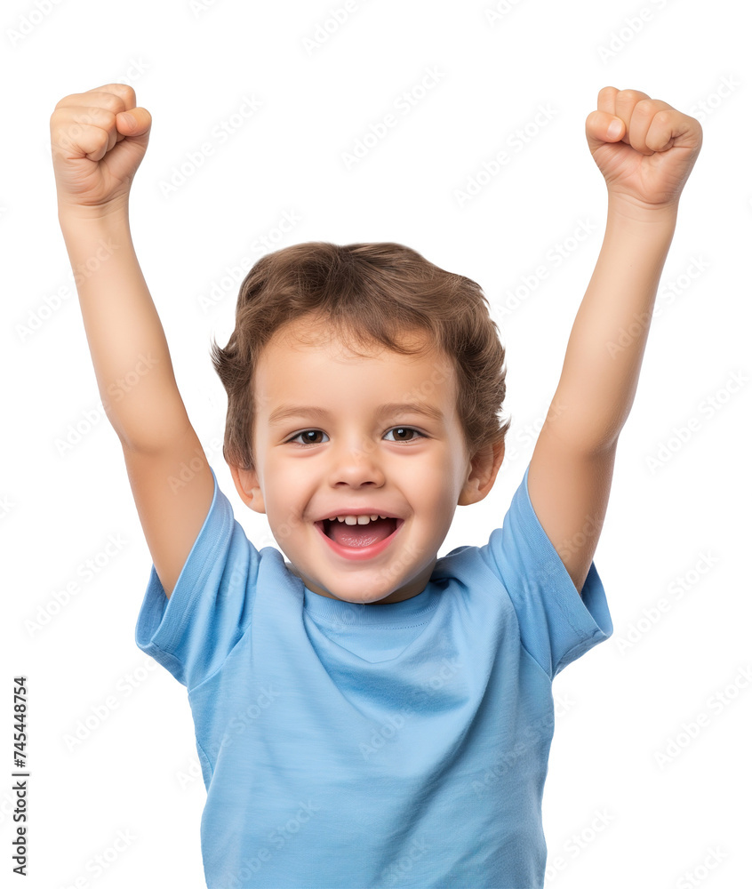 A young boy cheerfully having both arms in the air, showing happiness achievement, and success, isolated on a transparent background A young boy cheerfully having both arms in the air, showing happiness achievement, and success, isolated on a transparent background