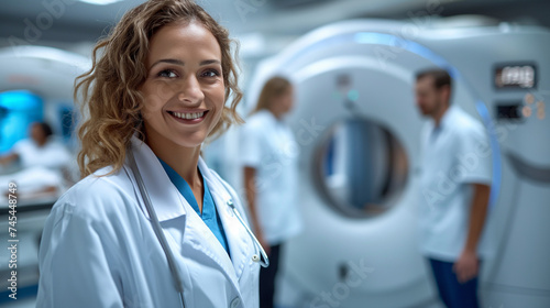 portrait of a female doctor with magnetic resonance machine in the background, MRI scan