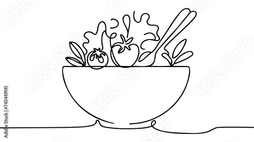 Single continuous line drawing of stylized vegetables salad on bowl logo label.