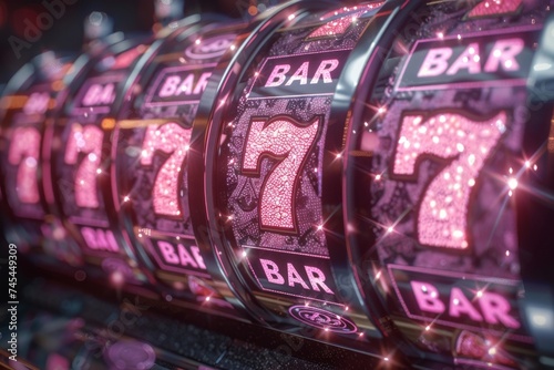 Casino slot machine reels with sparkling pink BAR symbols and the lucky number seven, illuminated by dynamic lights