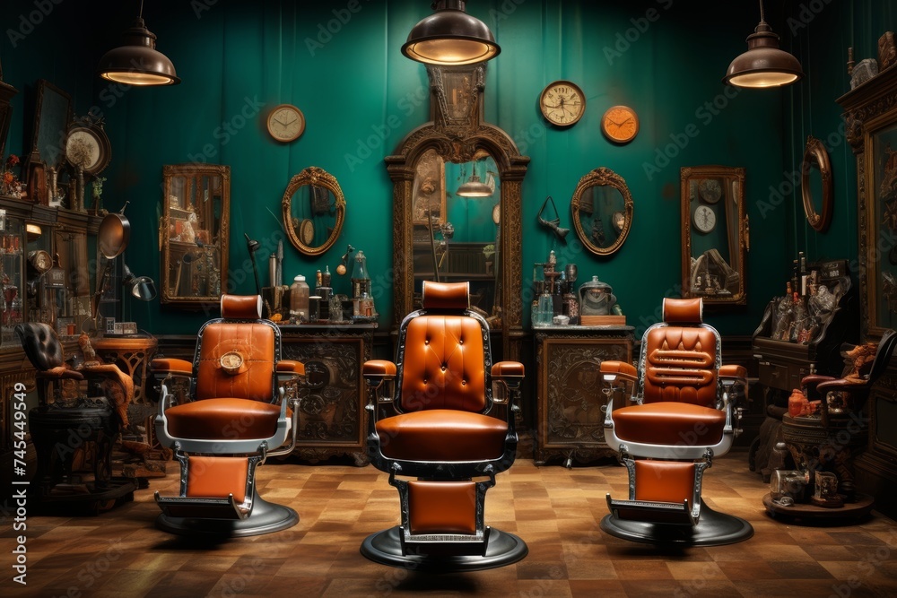Vintage barbershop interior featuring authentic retro barber chairs, classic decor, and an array of old-fashioned grooming tools in a stylish and nostalgic setting reminiscent of a bygone era. - obrazy, fototapety, plakaty 
