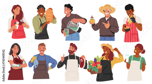 Farmers With Natural Farming Production. Male and Female Characters with Ice Cream, Bread, Fresh Juice and Honey