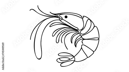 One continuous line drawing of fresh shrimp for seafood logo identity.
