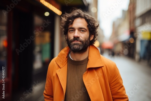 Portrait of a handsome bearded man in an orange coat in the city
