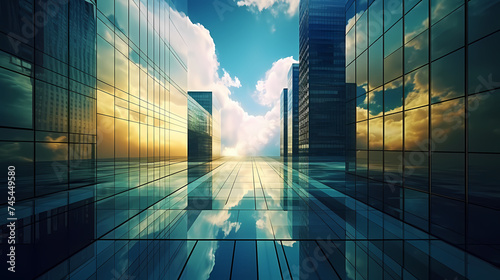 A soaring skyscraper with glass walls reflecting the surrounding city lights and melancholy blue sky