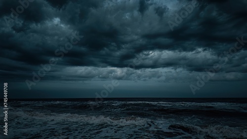Evening dramatic sky with storm clouds, stormy ocean shore photo