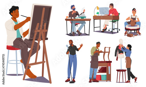 Set of Male and Female Characters with Creative Professions. Artist, Author, Illustrator and Potter. Sculptor, Singer