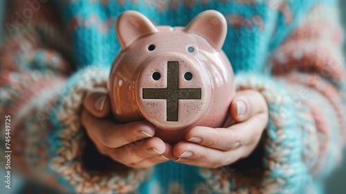 Piggy bank for saving money with Red cross as a symbol of medical health healthcare insurance symbol concept. photo