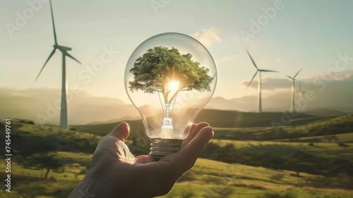 Sustainable Energy Concept with Tree Inside Light Bulb. Hand holding a light bulb encapsulating a vibrant tree, with wind turbines in the background.
