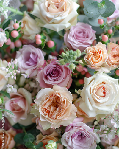 Beautiful background with colorful flowers and roses in pastel colors. Close-up. © Lana