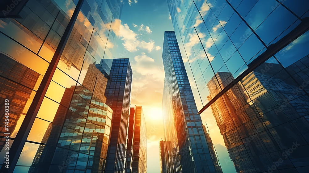 A soaring skyscraper with glass walls reflecting the surrounding city lights and melancholy blue sky A soaring skyscraper with glass walls reflecting the surrounding city lights and melancholy blue sky