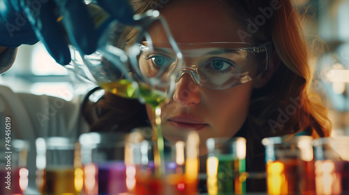 Cientista em laboratório pipetando líquido cuidadosamente com equipamentos e livros ao fundo photo