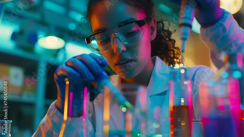 Cientista em laboratório pipetando líquido cuidadosamente com equipamentos e livros ao fundo photo