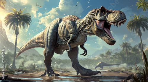the king of dinosaurs, Tyrannosaurus Rex, in a harsh prehistoric world. Generative Ai