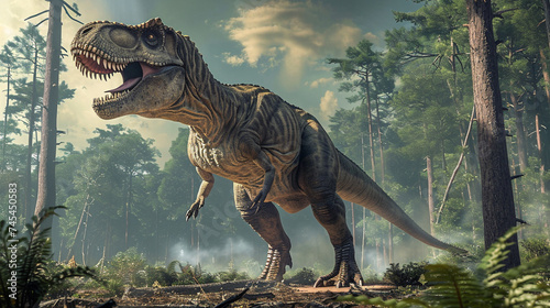 the king of dinosaurs, Tyrannosaurus Rex, in a harsh prehistoric world. Generative Ai © We3 Animal