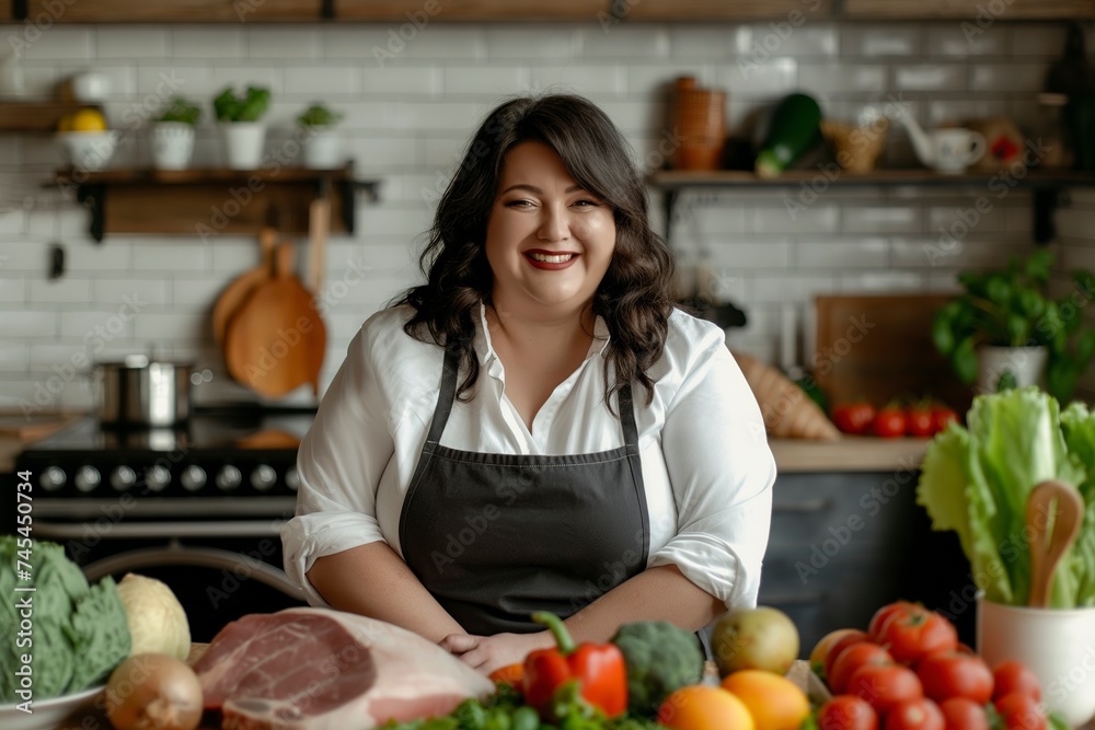 A white plus-size woman stands in a kitchen next to a counter with fruits and vegetables.