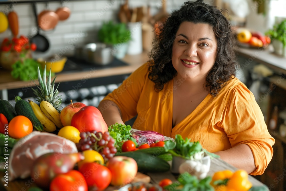A white Latina plus-size woman sitting at a table filled with various fruits and vegetables.