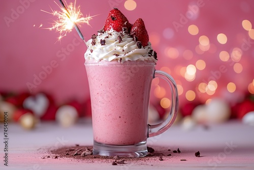 A refreshing pink drink, a strawberry smoothie, served in a glass, topped with fluffy whipped cream and a sparkling sparkler on top.