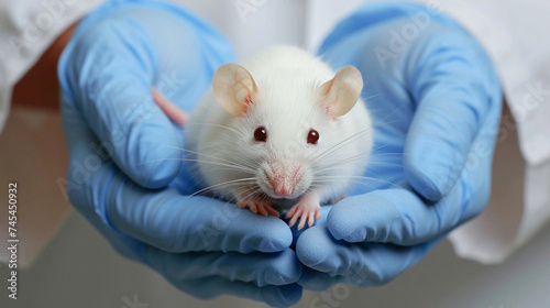 Scientist holding white laboratory mouse in hands . Generative Ai