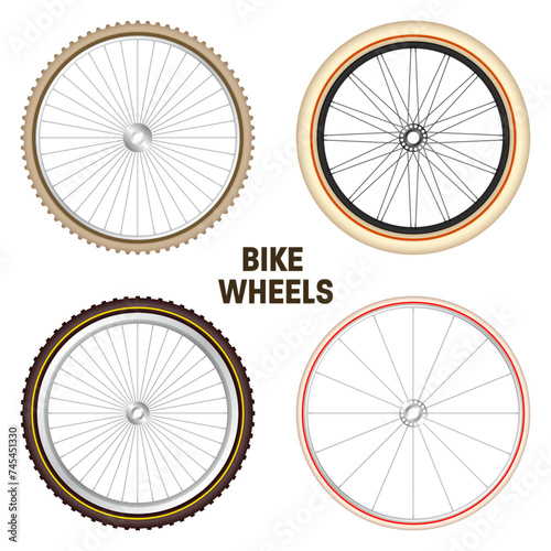 Realistic 3d retro bicycle wheels. Vintage bike rubber tyres, shiny metal spokes and rims. Fitness cycle, touring, sport, road and mountain bike. Vector illustration