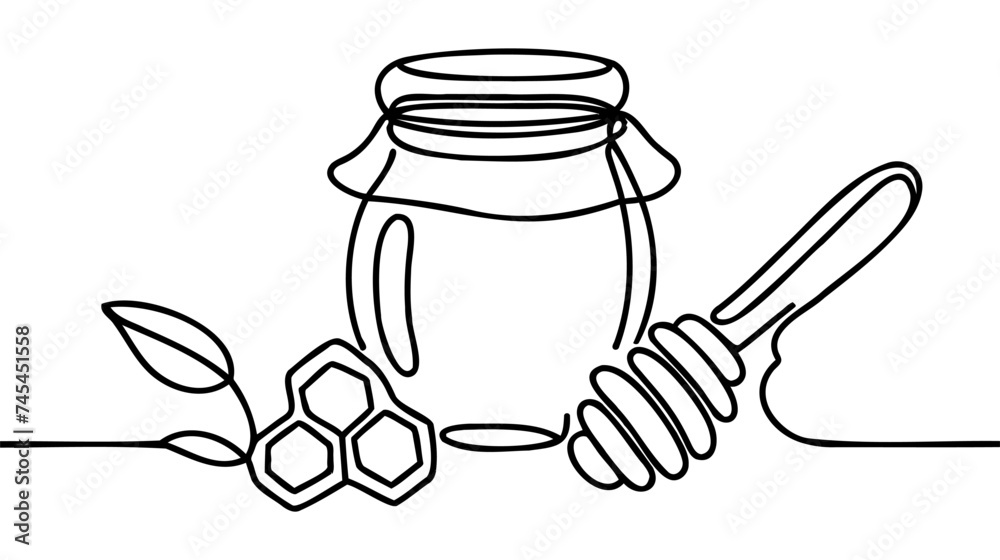 One single line drawing fresh sweet natural gold honey on glass jar with wooden dipper vector graphic illustration. One single line drawing fresh sweet natural gold honey on glass jar with wooden dipper vector graphic illustration.