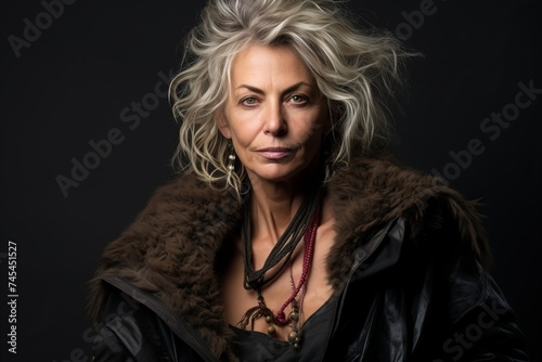 Portrait of a beautiful mature woman in a fur coat on a dark background