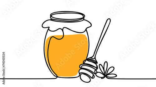 One single line drawing fresh sweet natural gold honey on glass jar with wooden dipper vector graphic illustration.