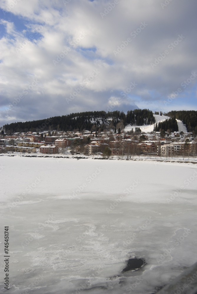 View of the city of Östersund and mountains behind the lake.

