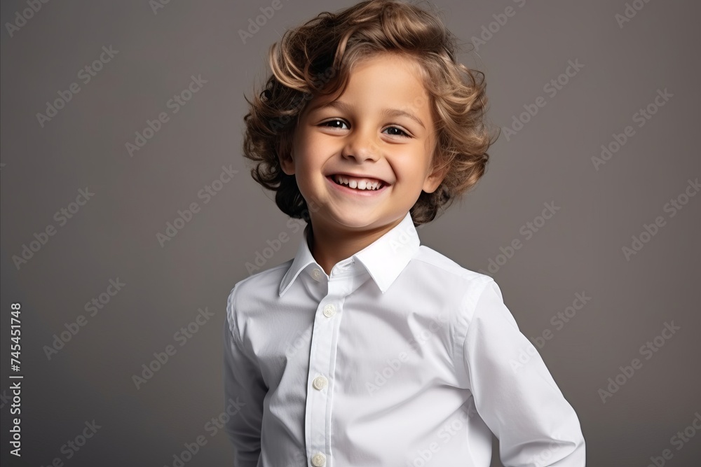 Portrait of a cute little boy in a white shirt on a gray background Portrait of a cute little boy in a white shirt on a gray background