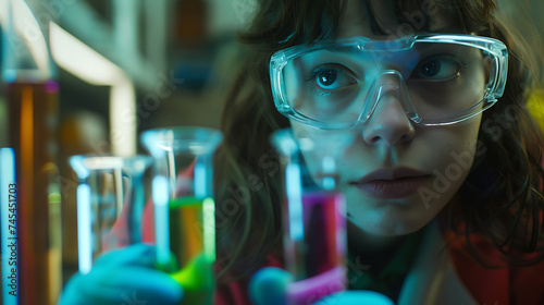 Cientista em laboratório pipetando líquido cuidadosamente com equipamentos e livros ao fundo photo