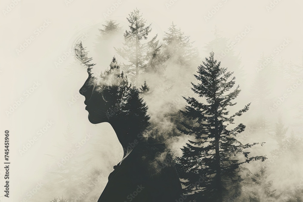 A silhouette of a person's profile overlaid with a forest landscape in a double exposure A silhouette of a person's profile overlaid with a forest landscape in a double exposure