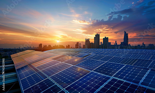 Sunset Cityscape with Solar Panels Embracing Renewable Energy Technology