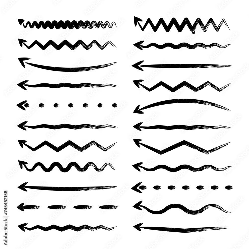 Grunge hand drawn arrows, highlighter lines. Marker stroke, brush pen drawn underline. Handwritten text pointers, notes, marks. Vector illustration Grunge hand drawn arrows, highlighter lines. Marker stroke, brush pen drawn underline. Handwritten text pointers, notes, marks. Vector illustration