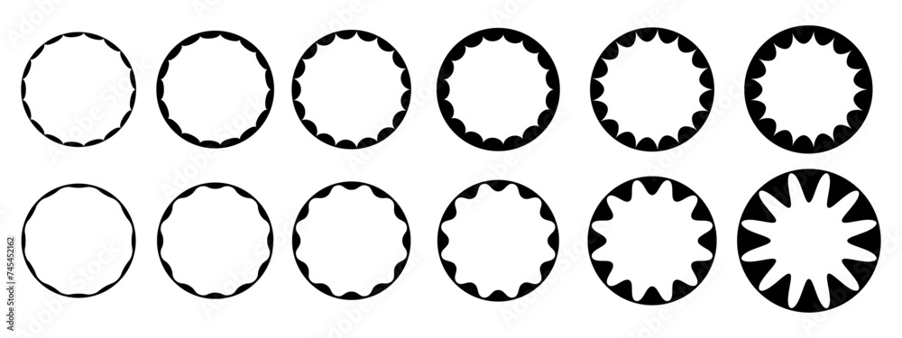 Set of round frames with wavy inner borders. Text box, mirror, photo, picture frameworks. Badges for price, discount, sale, promocode isolated on white background. Vector graphic illustration.