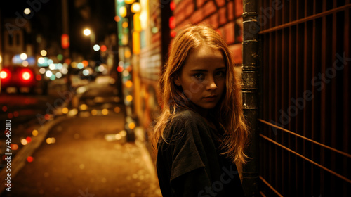 A young woman, leaning against a brick wall on a city street at night, with the glowing lights of the urban life surrounding her - criminality or delinquency concept - Generative AI photo