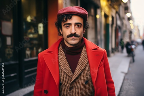 Stylish young man in red coat and beret walking on the street.