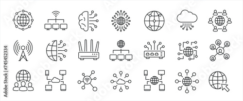 Network simple minimal thin line icons. Related connection, communication, technology, broadband. Editable stroke. Vector illustration.