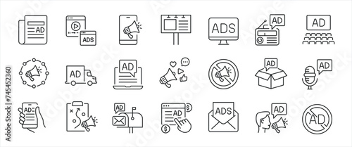 Advertisement simple minimal thin line icons. Related marketing, broadcasting, campaign, promotion. Editable stroke. Vector illustration.