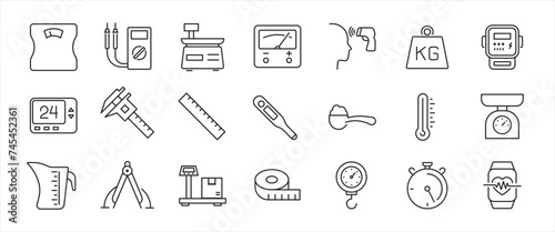 Measurement simple minimal thin line icons. Related scale, theromoeter, distance. Editable stroke. Vector illustration. photo