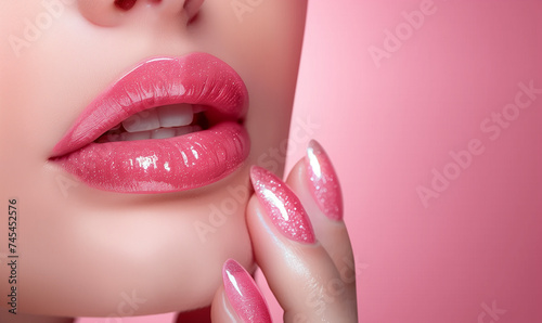 Close-Up of Glossy Pink Lips and Manicure, Beauty Salon Perfection