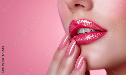 Close-Up of Glossy Pink Lips and Manicure, Beauty Salon Perfection