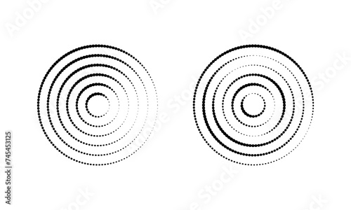 Circular ripple icons. Concentric circles with broken dotted lines isolated on white background. Vortex, whirlpool, sonar wave, soundwave, sunburst, signal, echo signs