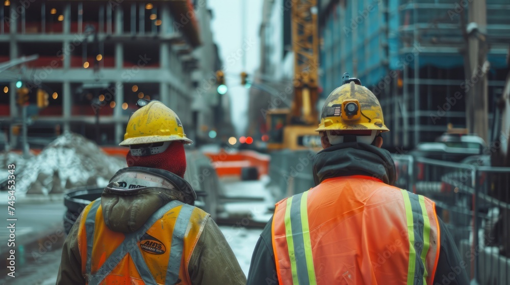 Construction workers in hi-vis safety gear at urban site with crane and building framework in background Construction workers in hi-vis safety gear at urban site with crane and building framework in background